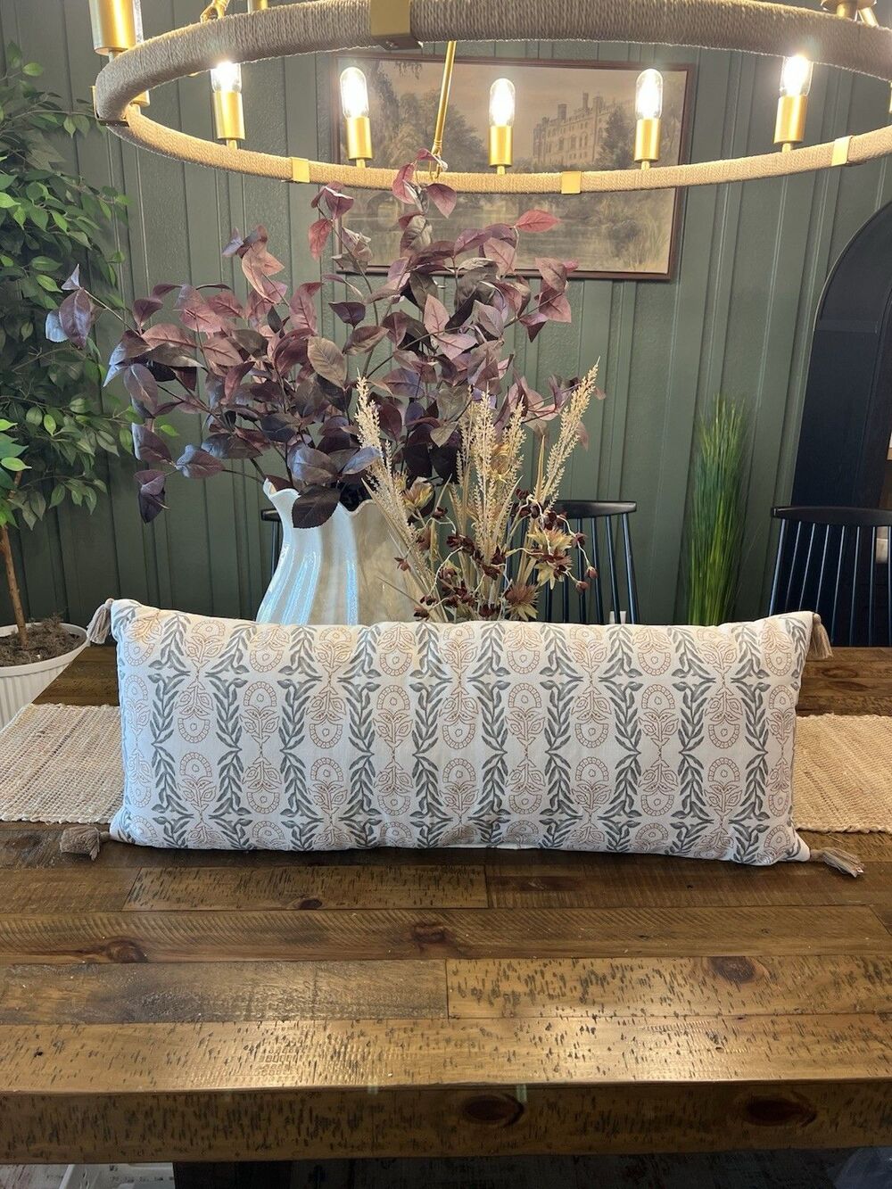 Oversized Oblong Watercolor Wood Block with Tassels Decorative Lumbar Pillow NEW